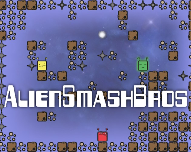 Tre alieni quadrati colorati in un labirinto spaziale, con il titolo Alien Smash Bros