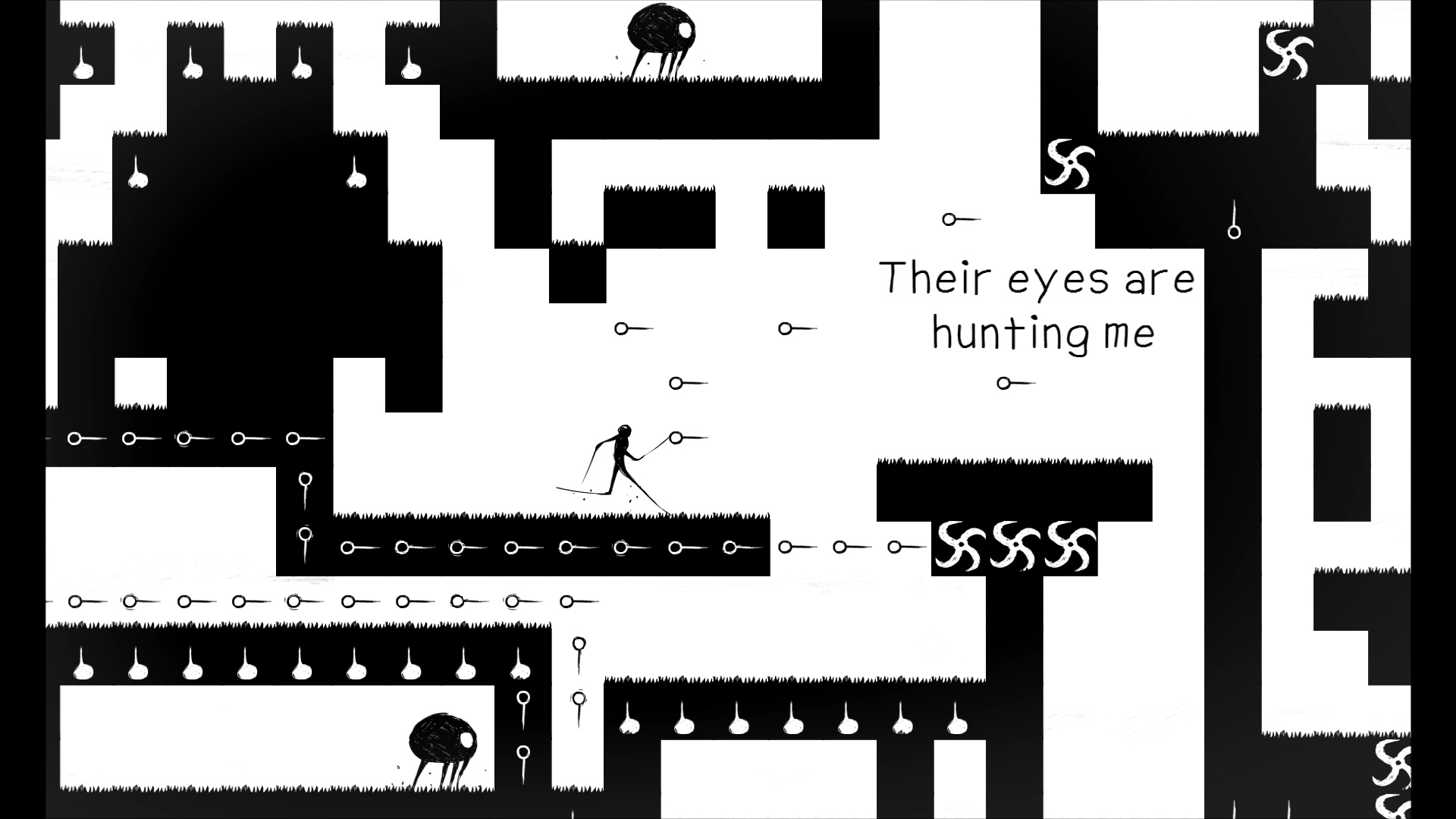 A Sym level filled with eyes and the words Their eyes are hunting me